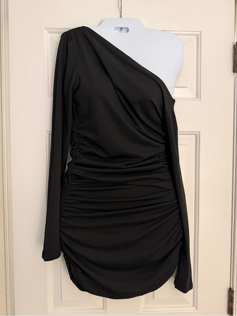 One-Shoulder Black Ruched Mini Dress